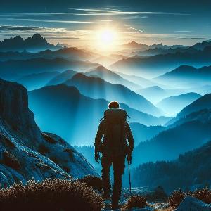 backpacker hiking up a mountain at sunset-1